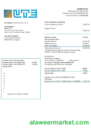Uruguay UTE Company electricity business utility bill template in Word and PDF formats